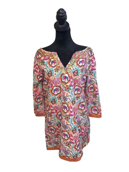 Tops - Women’s Boho Floral Medallion Tunic Top Beaded V Neck 3/4 Sleeve Resort Festival